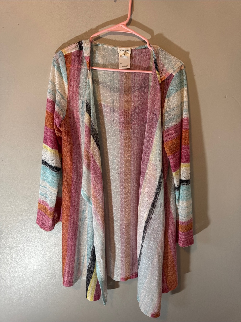 Tribal Open-Front Striped Cardigan - Pink, Teal, Yellow